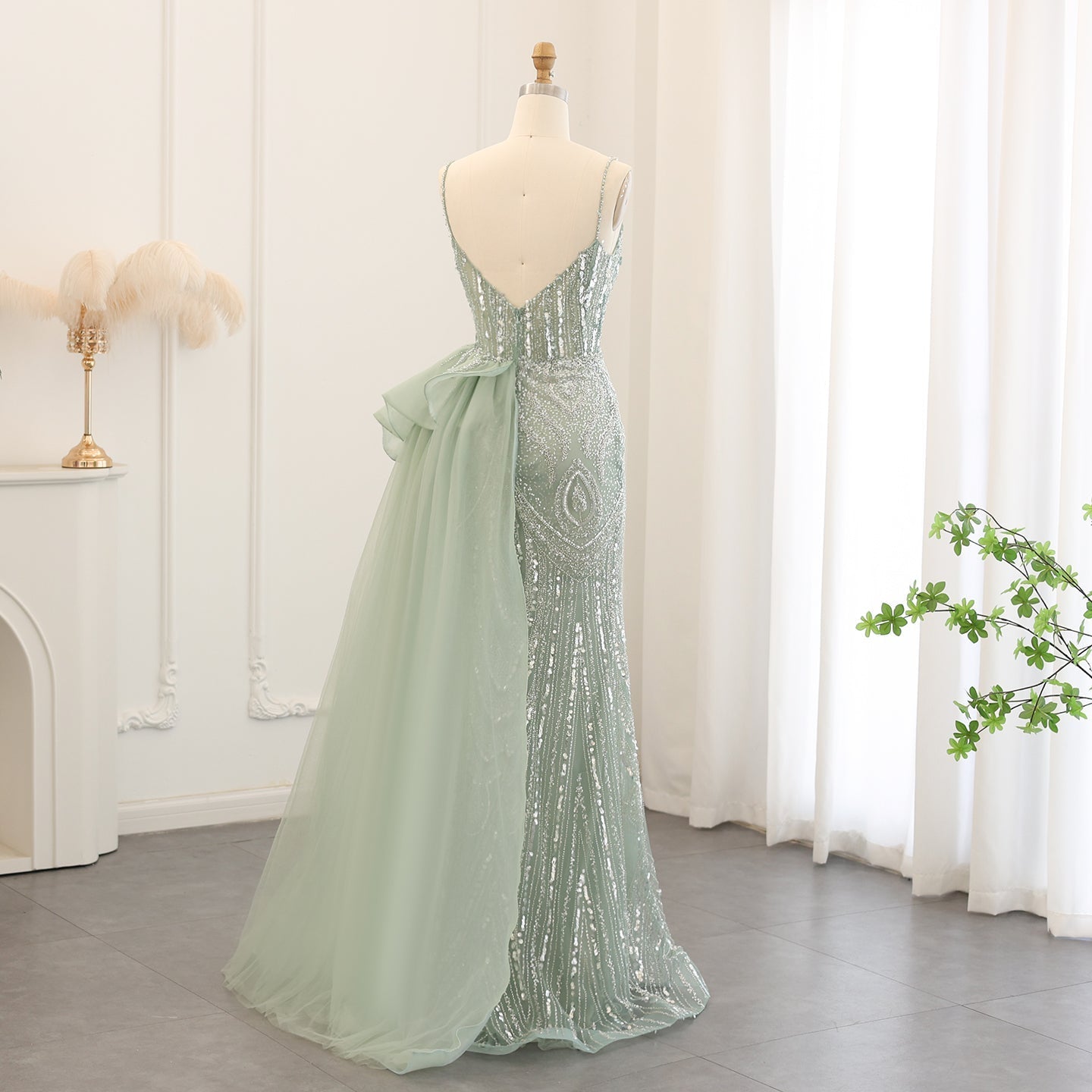 Elegant Crystal Sage Green Evening Dress with Overskirt SS039