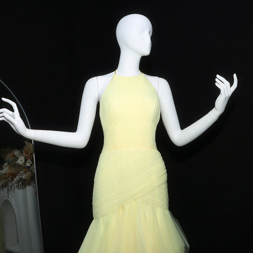 Elegant Halter Yellow Ruffles Mermaid Evening Dress SF377