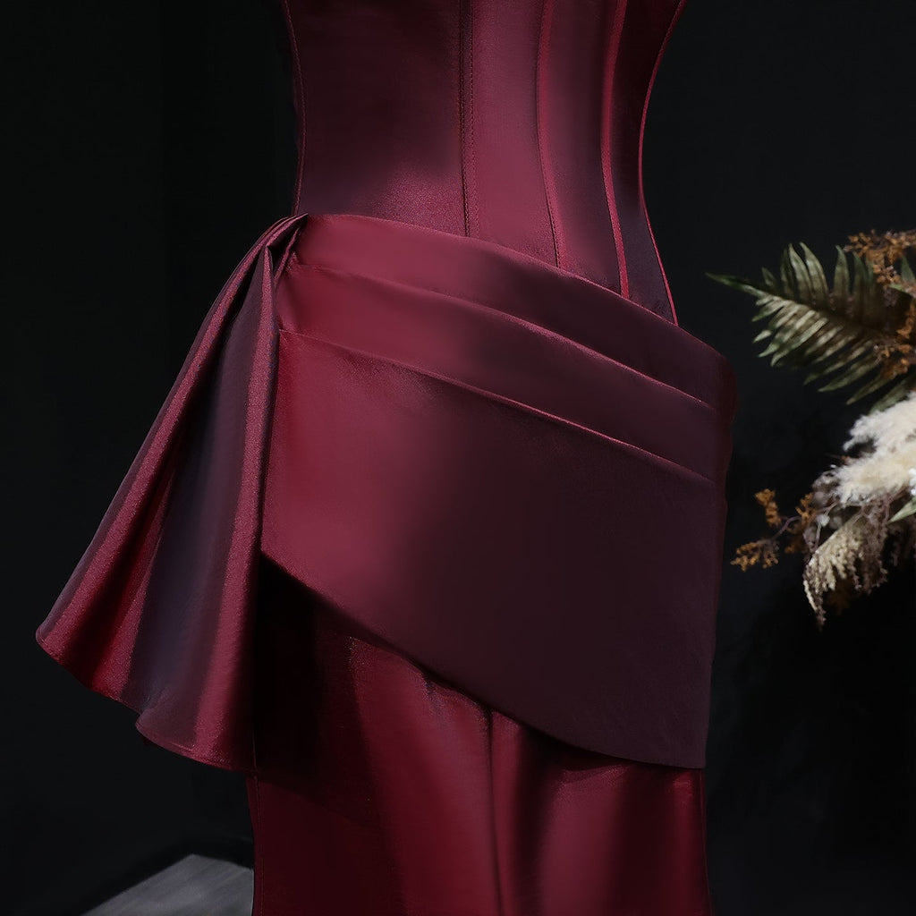 Luxury Burgundy Satin Strapless Draped Train Evening Dress SF494