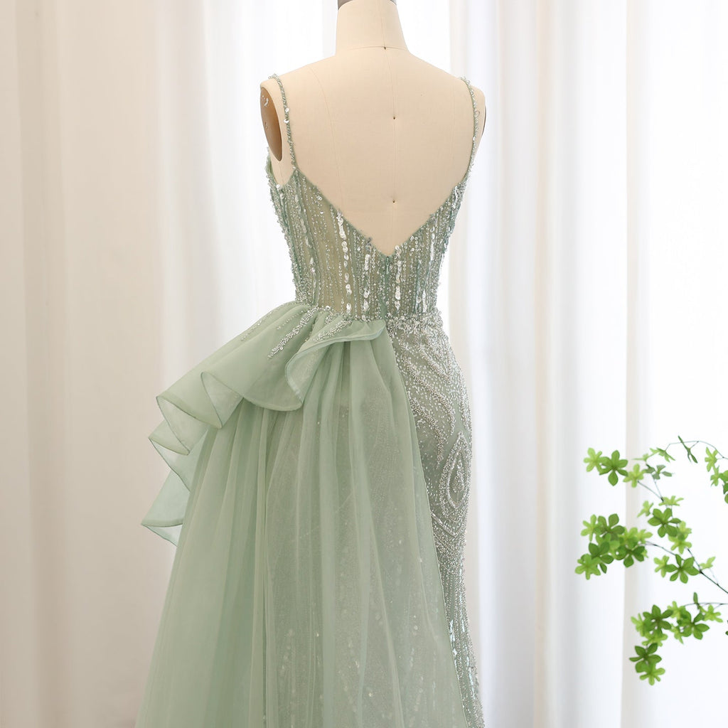 Elegant Crystal Sage Green Evening Dress with Overskirt SS039