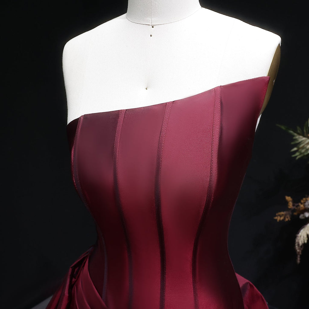 Luxury Burgundy Satin Strapless Draped Train Evening Dress SF494