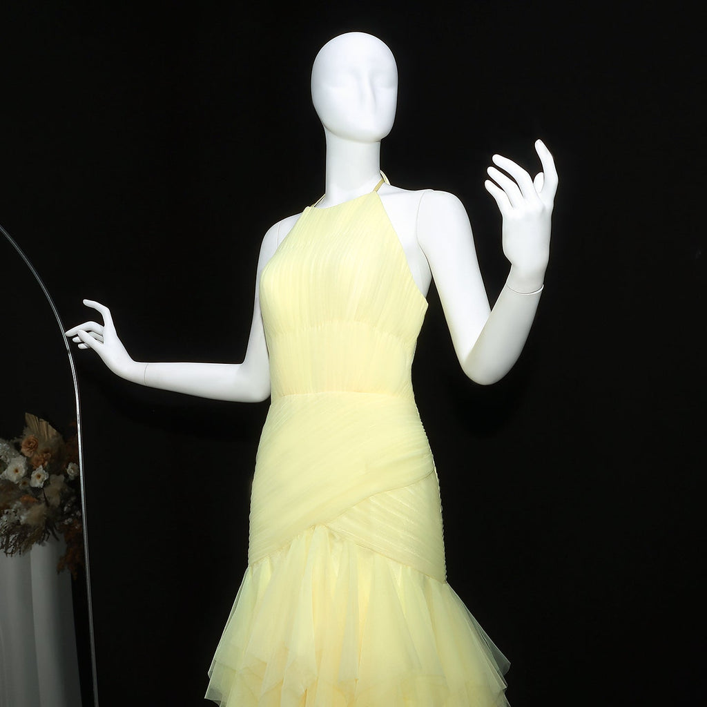 Elegant Halter Yellow Ruffles Mermaid Evening Dress SF377