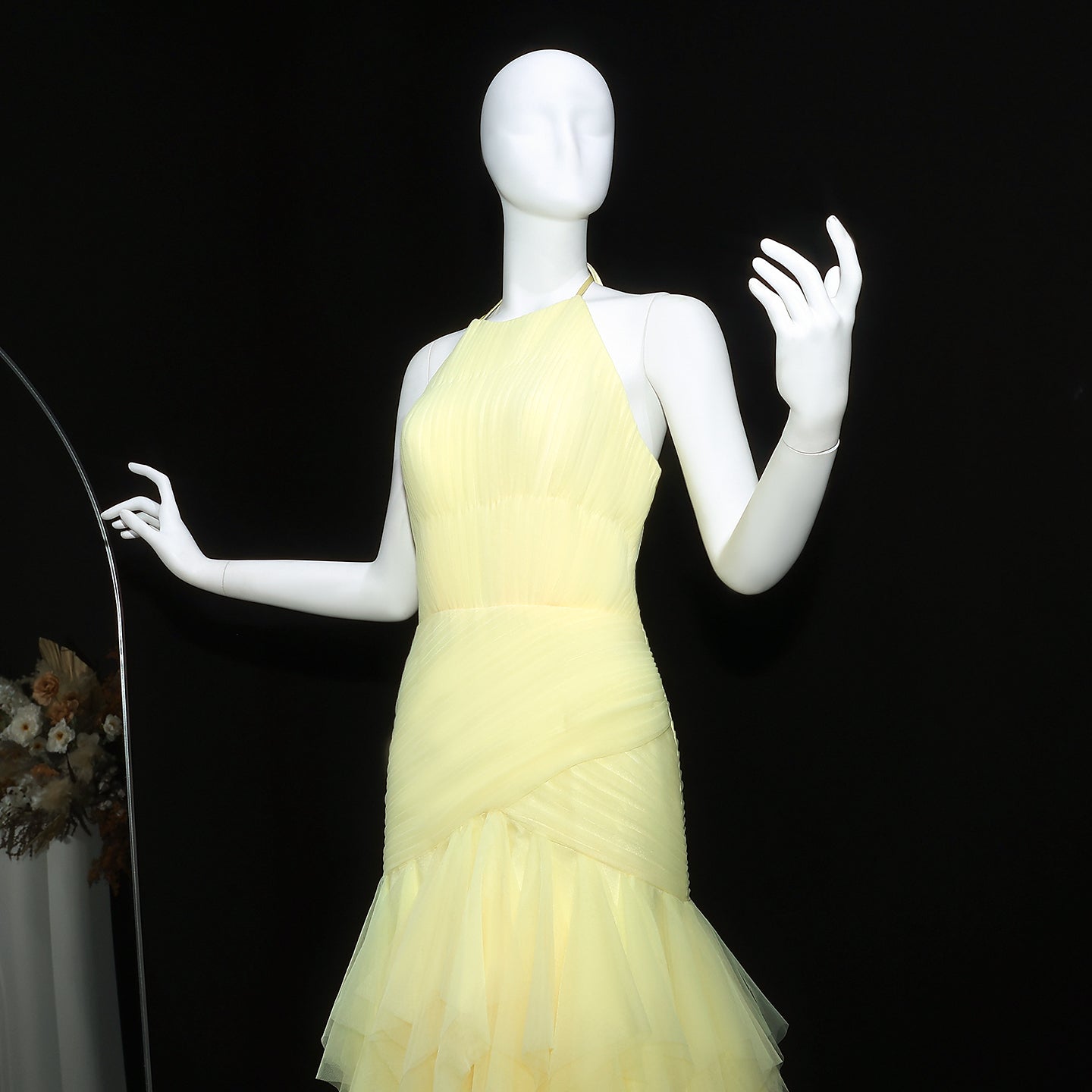 Elegant Halter Yellow Ruffles Mermaid Evening Dress SF377