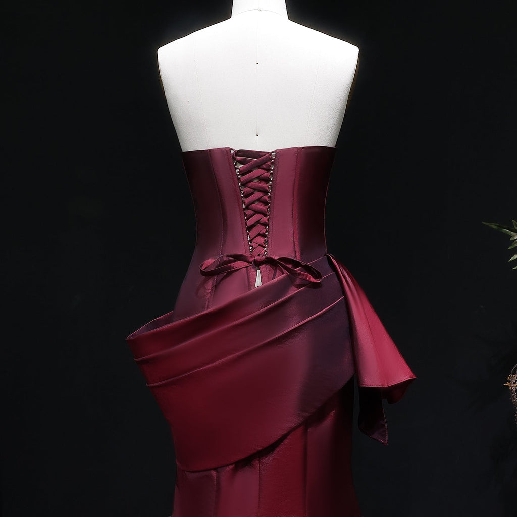 Luxury Burgundy Satin Strapless Draped Train Evening Dress SF494