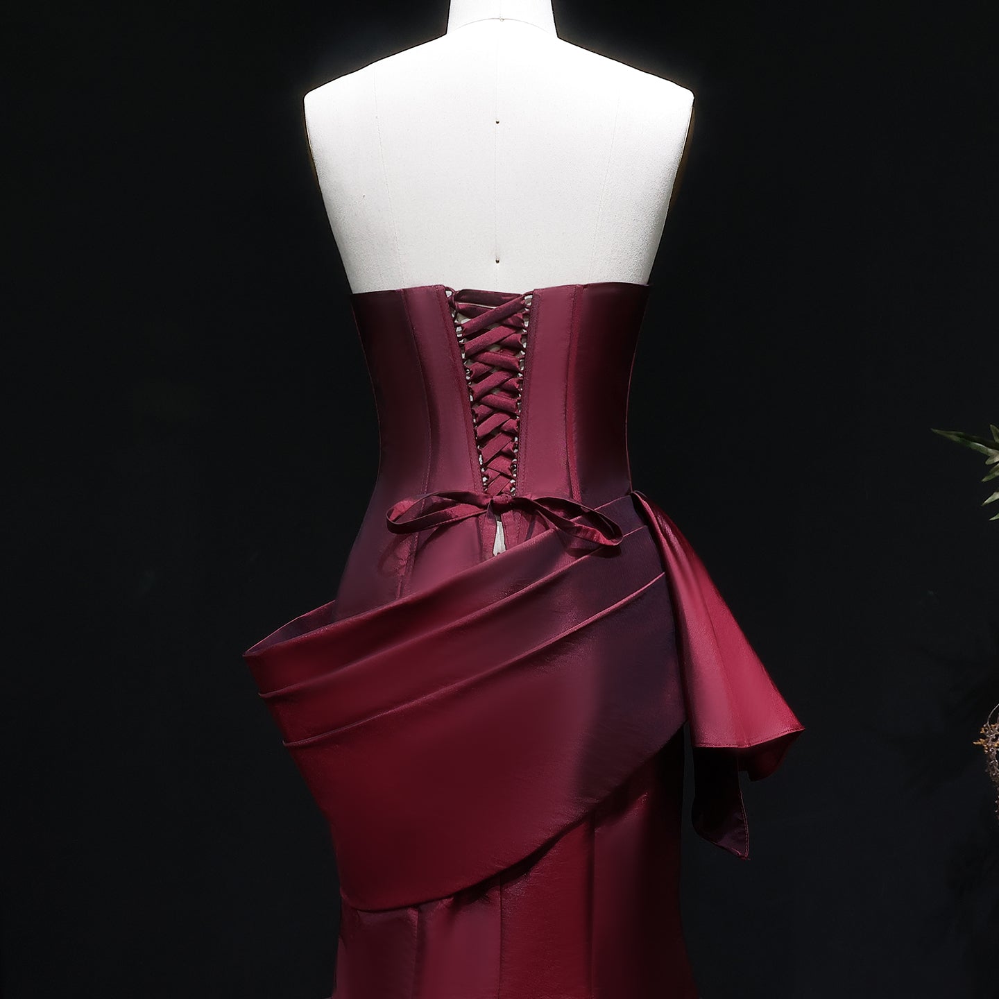 Luxury Burgundy Satin Strapless Draped Train Evening Dress SF494