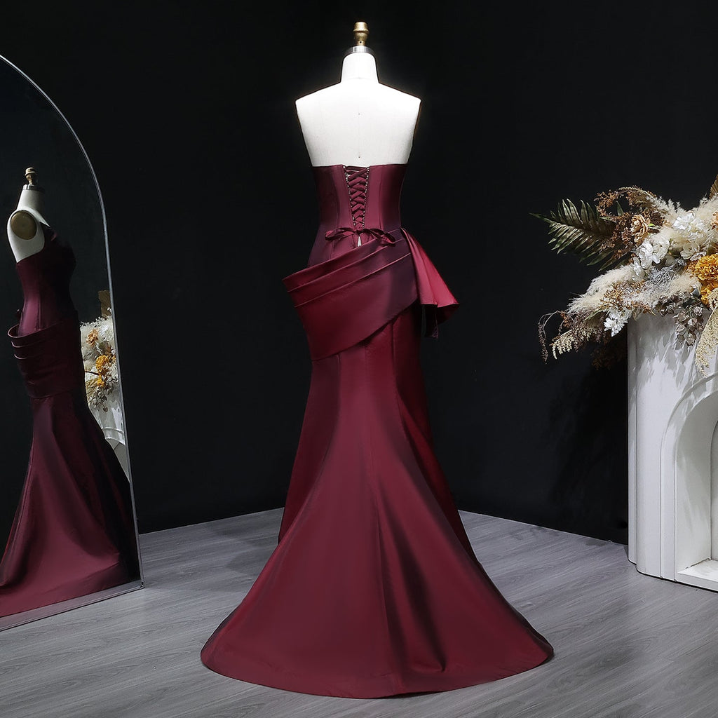 Luxury Burgundy Satin Strapless Draped Train Evening Dress SF494