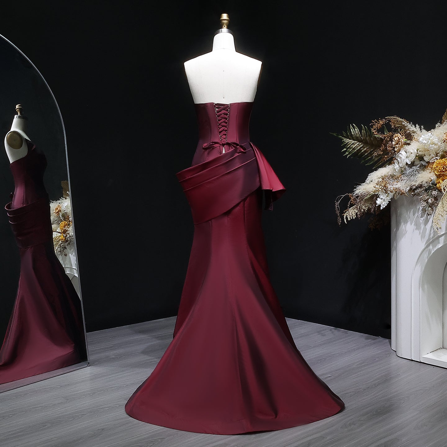Luxury Burgundy Satin Strapless Draped Train Evening Dress SF494