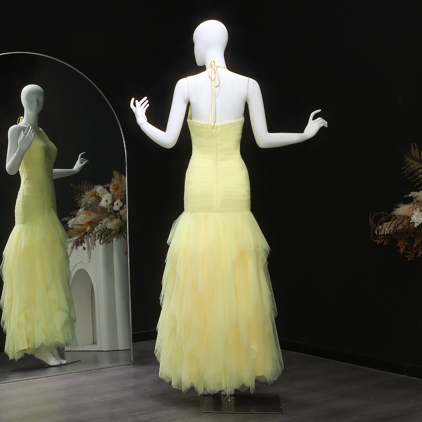 Elegant Halter Yellow Ruffles Mermaid Evening Dress SF377