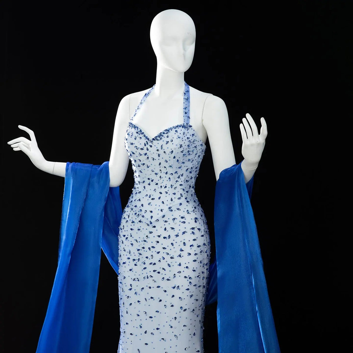Luxury Blue Halter Neck Crystal Beaded Mermaid Evening Dress with Cape SS715