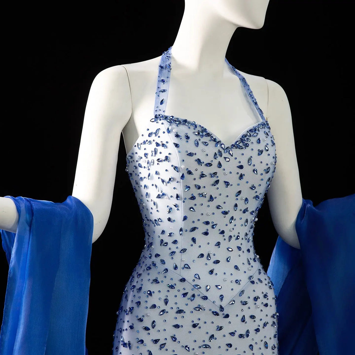Luxury Blue Halter Neck Crystal Beaded Mermaid Evening Dress with Cape SS715