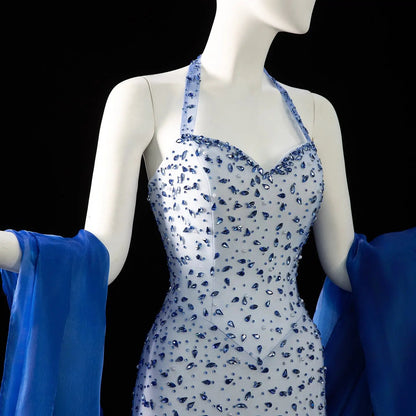 Luxury Blue Halter Neck Crystal Beaded Mermaid Evening Dress with Cape SS715