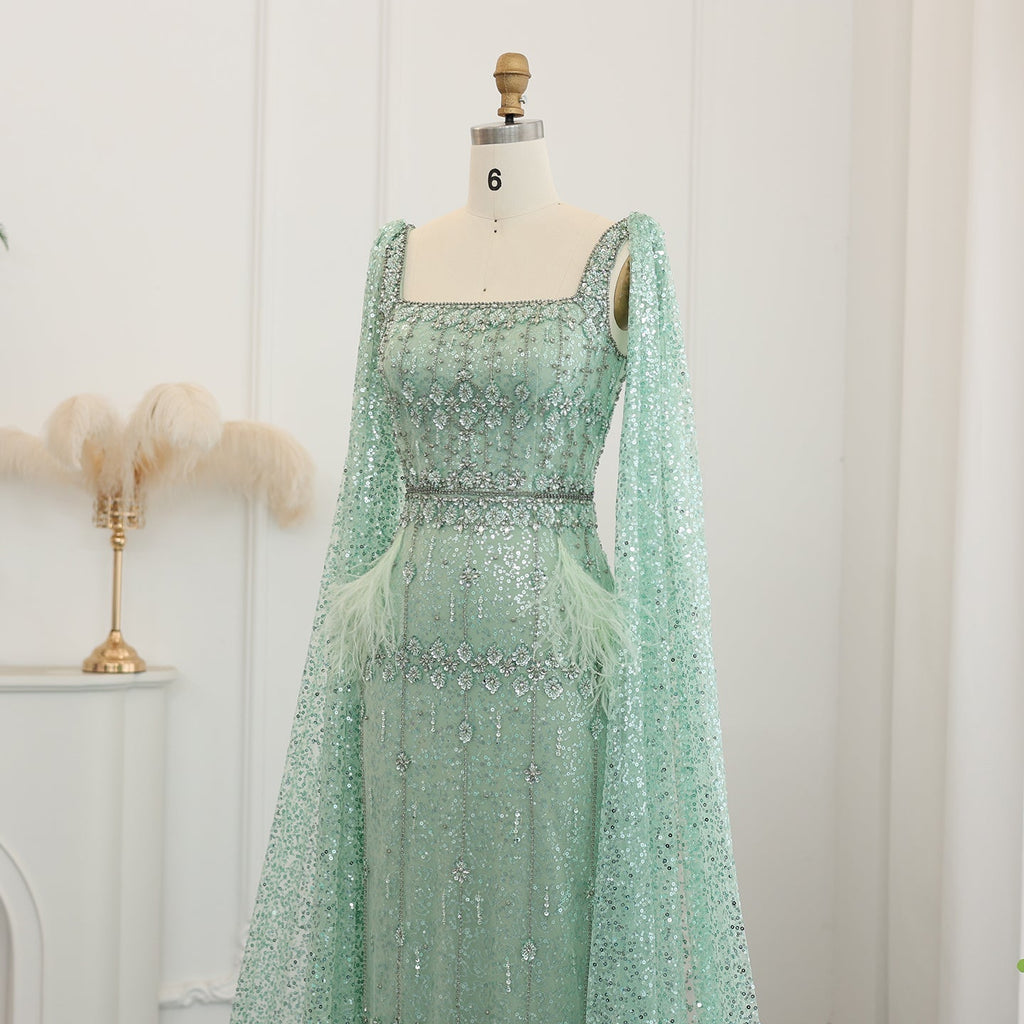 Luxury Feathers Gray Mermaid Evening Dress with Cape SS279