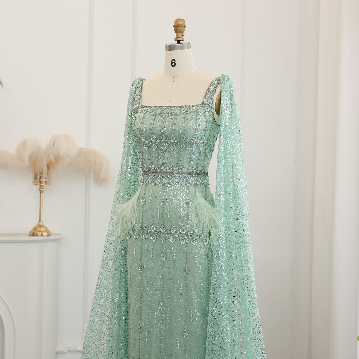 Luxury Feathers Gray Mermaid Evening Dress with Cape SS279