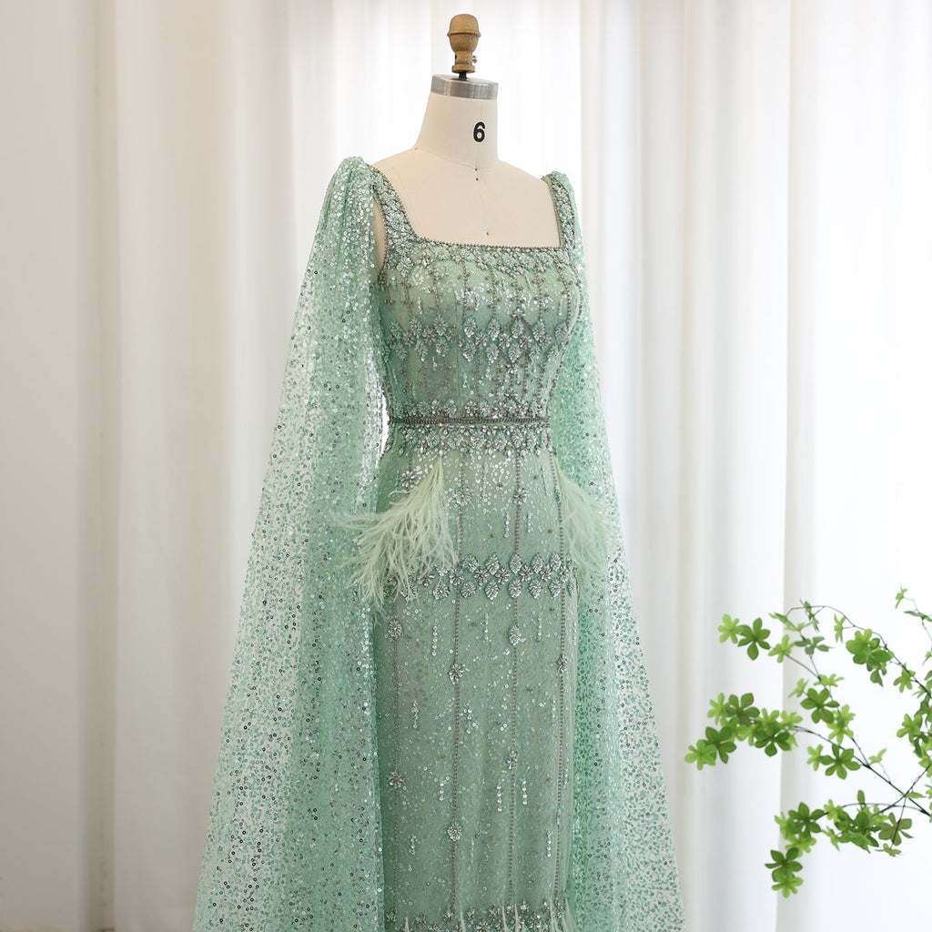 Luxury Feathers Gray Mermaid Evening Dress with Cape SS279