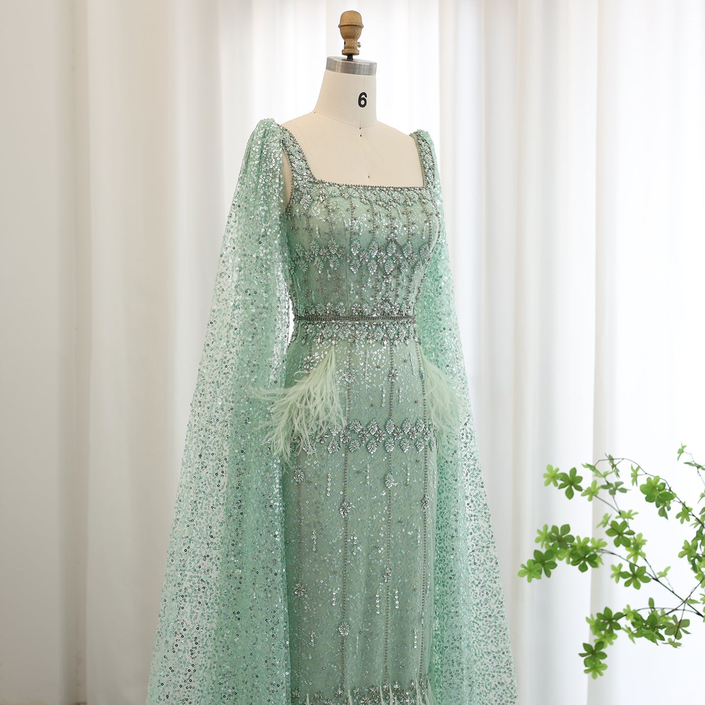 Luxury Feathers Gray Mermaid Evening Dress with Cape SS279