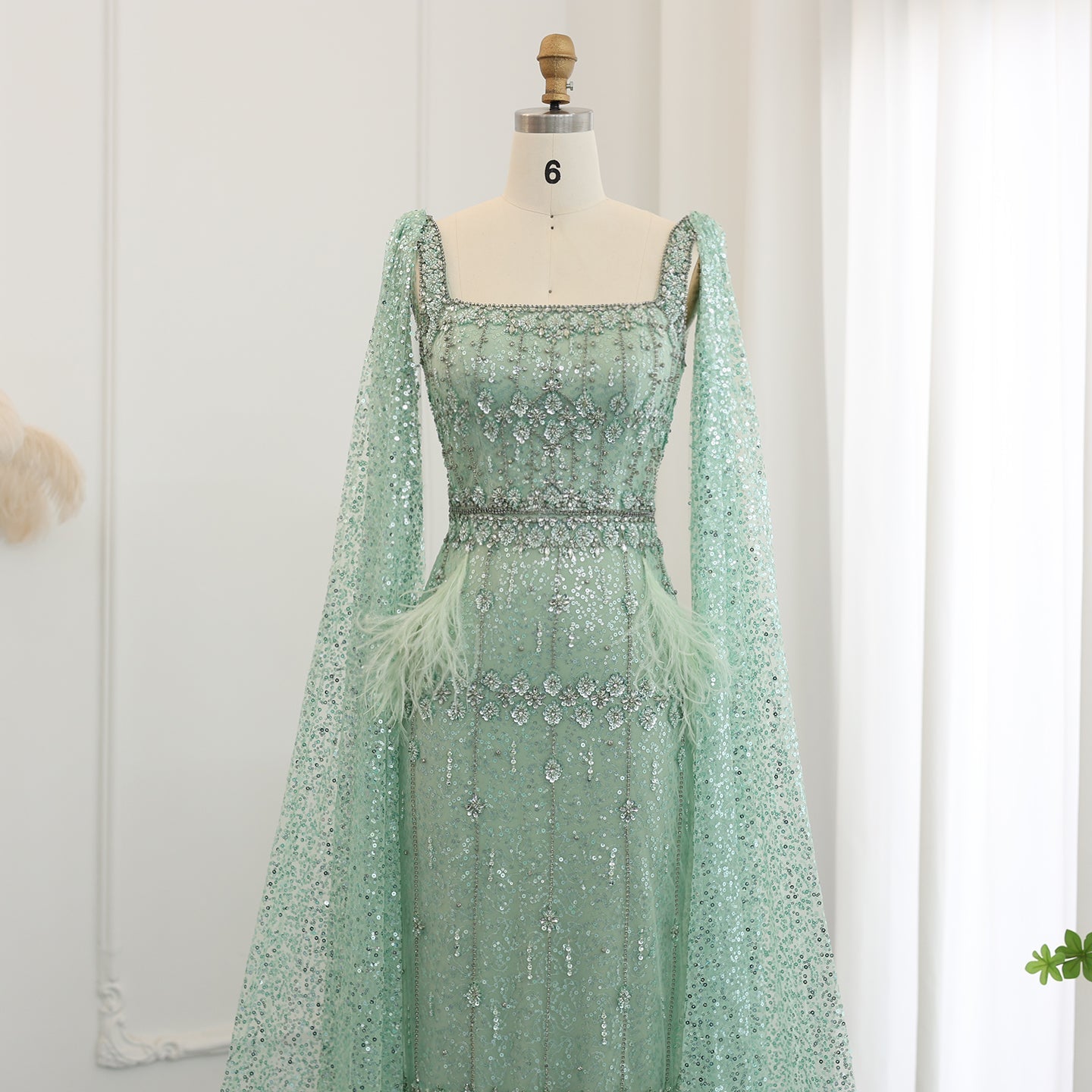 Luxury Feathers Gray Mermaid Evening Dress with Cape SS279
