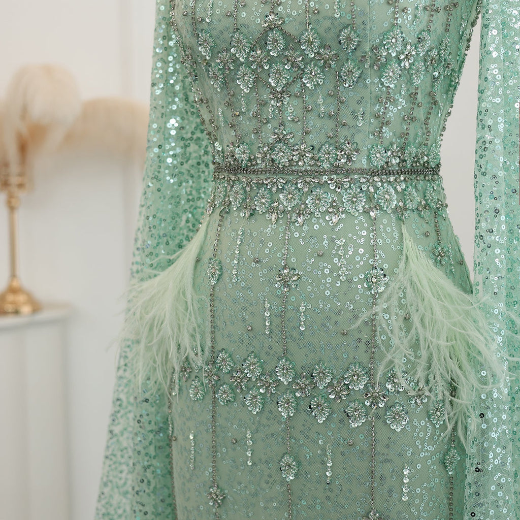 Luxury Feathers Gray Mermaid Evening Dress with Cape SS279