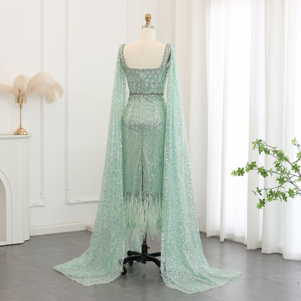 Luxury Feathers Gray Mermaid Evening Dress with Cape SS279