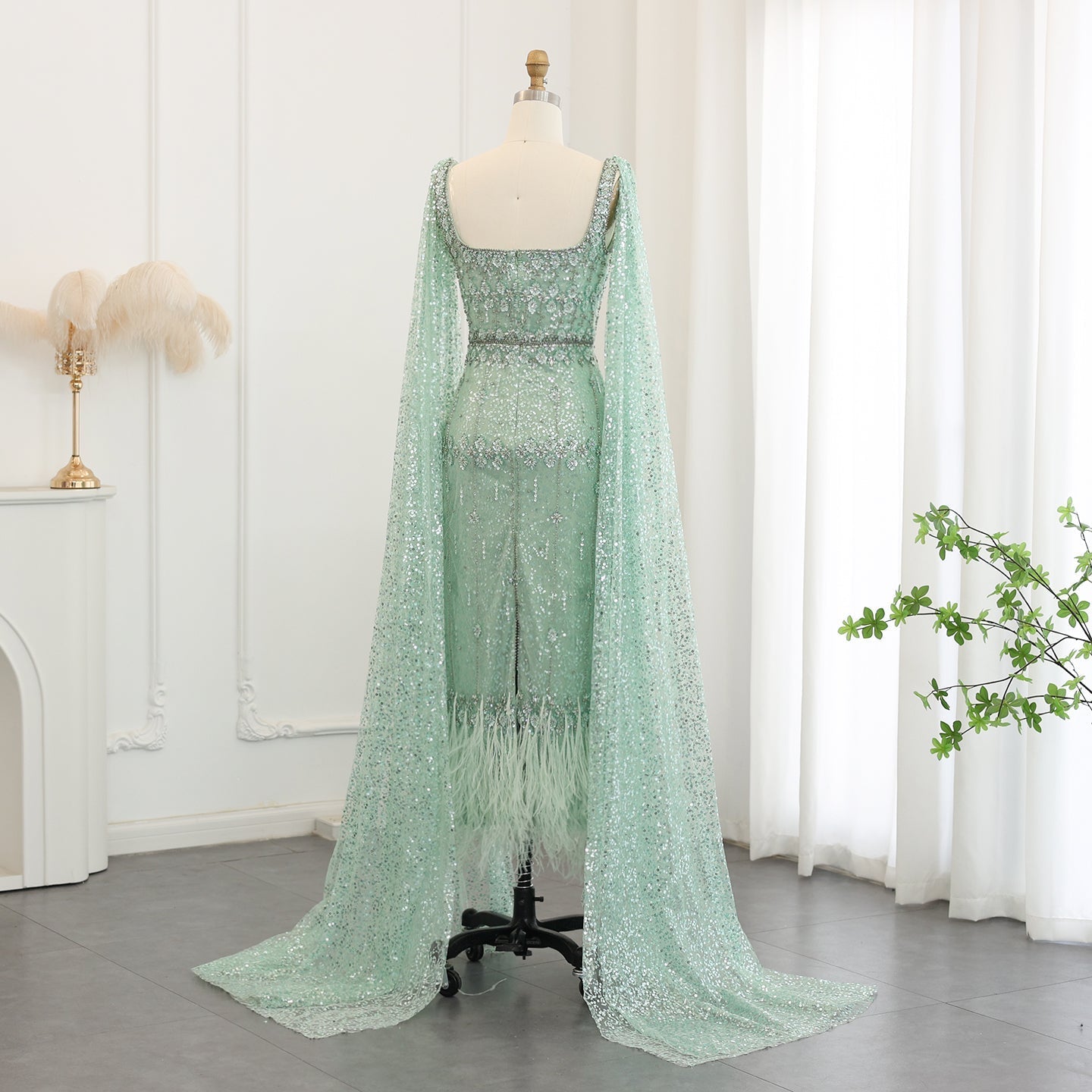 Luxury Feathers Gray Mermaid Evening Dress with Cape SS279