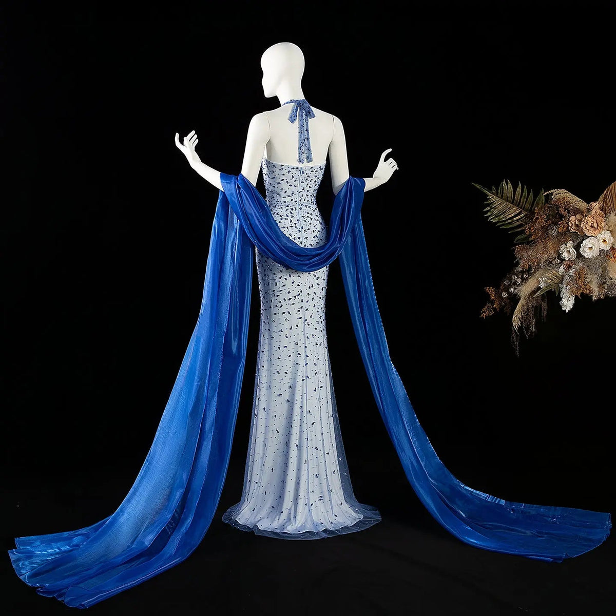 Luxury Blue Halter Neck Crystal Beaded Mermaid Evening Dress with Cape SS715