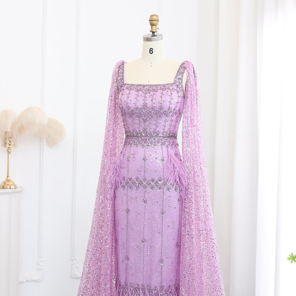 Luxury Feathers Gray Mermaid Evening Dress with Cape SS279