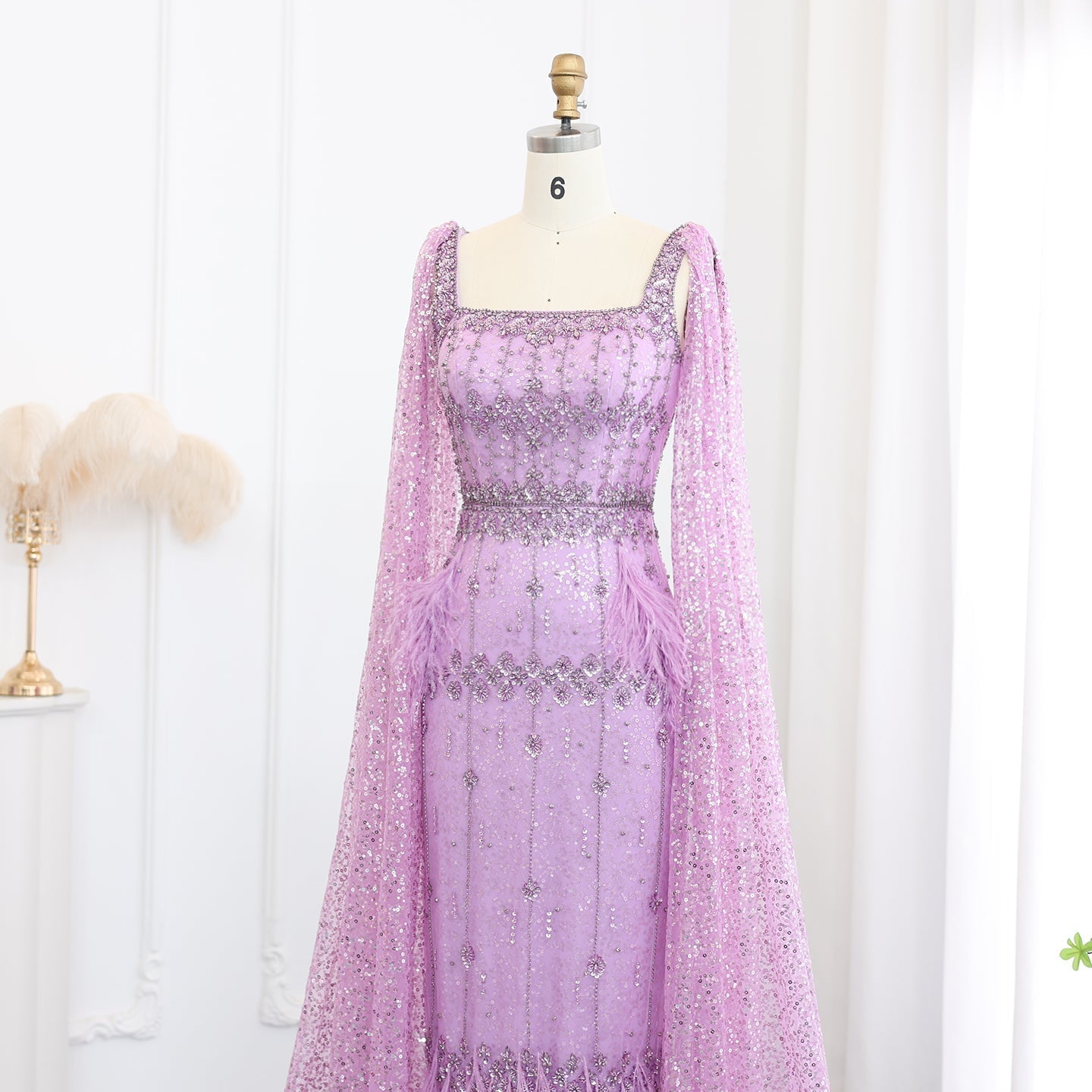 Luxury Feathers Gray Mermaid Evening Dress with Cape SS279