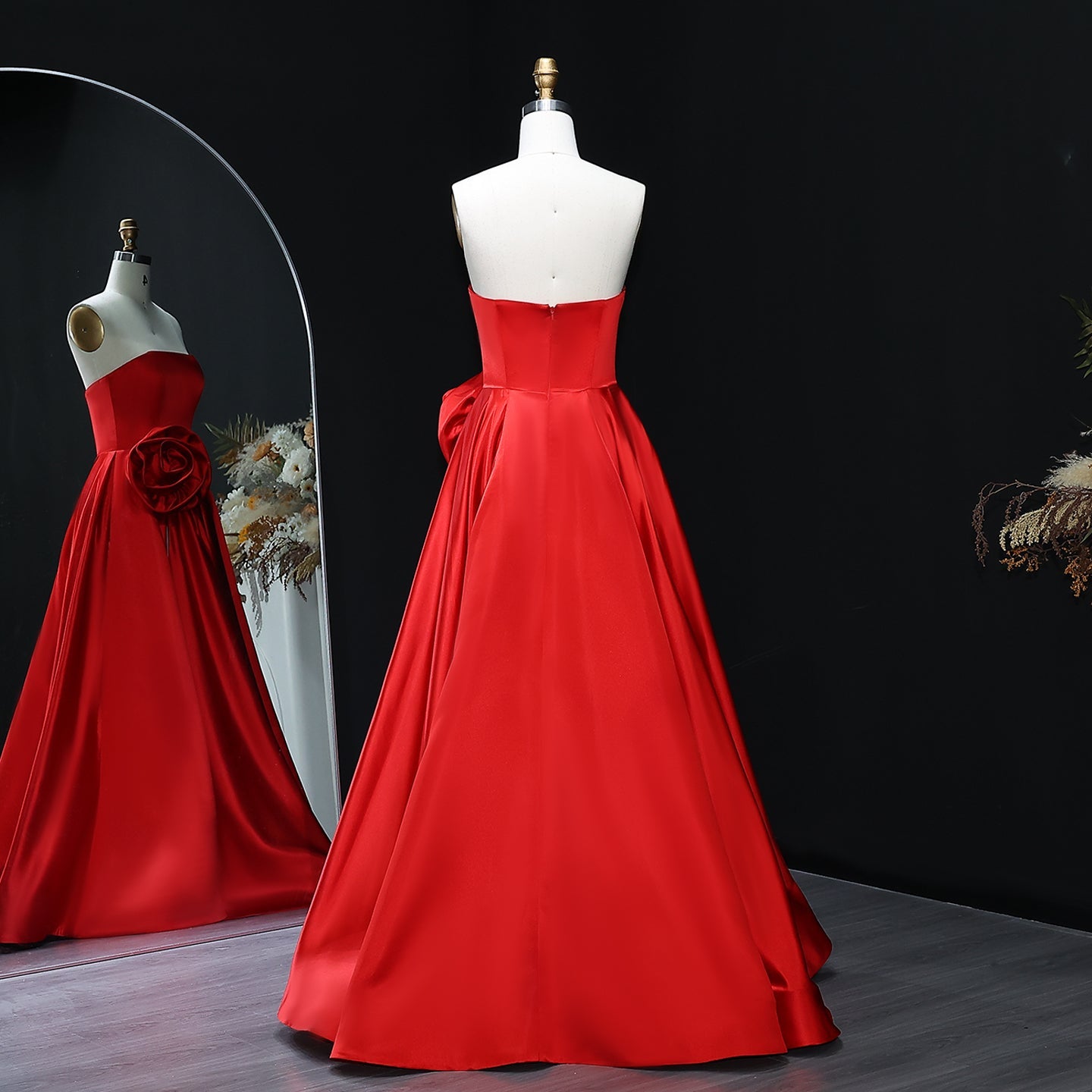 Elegant Black Strapless 3D Floarl Evening Dress SF099