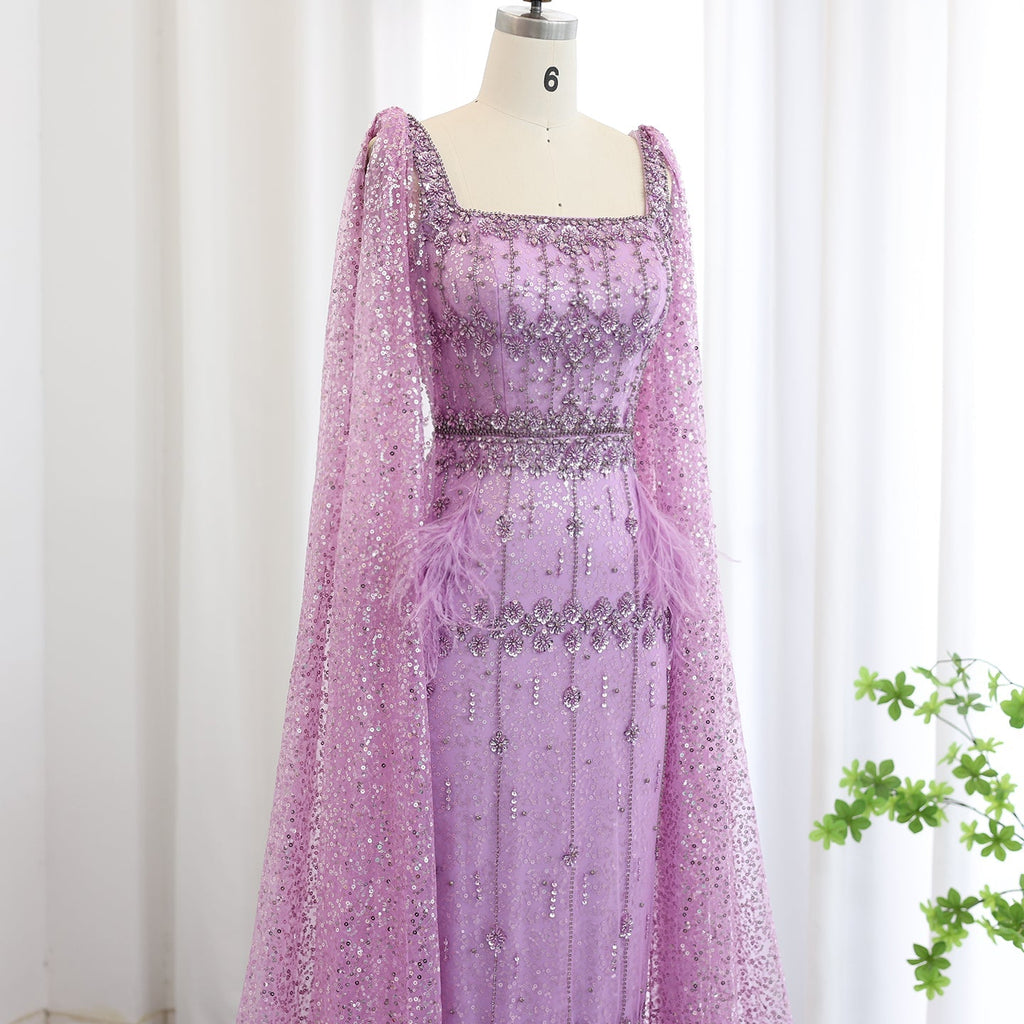 Luxury Feathers Gray Mermaid Evening Dress with Cape SS279