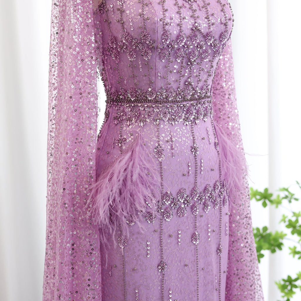 Luxury Feathers Gray Mermaid Evening Dress with Cape SS279