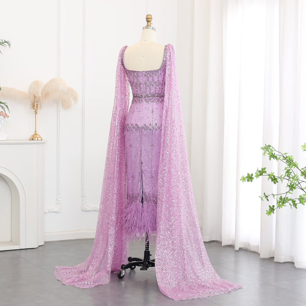 Luxury Feathers Gray Mermaid Evening Dress with Cape SS279