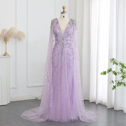 Luxury Dubai Green Evening Dresses with Cape Fuchsia Crystal Gold SS399