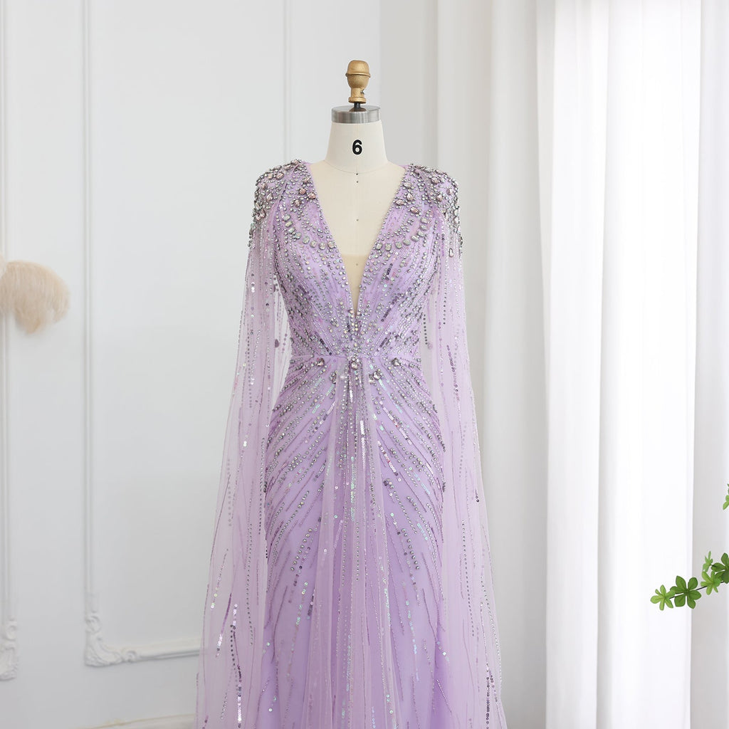 Luxury Crystal Sage Green V-Neck Evening Dresses with Cape SS399