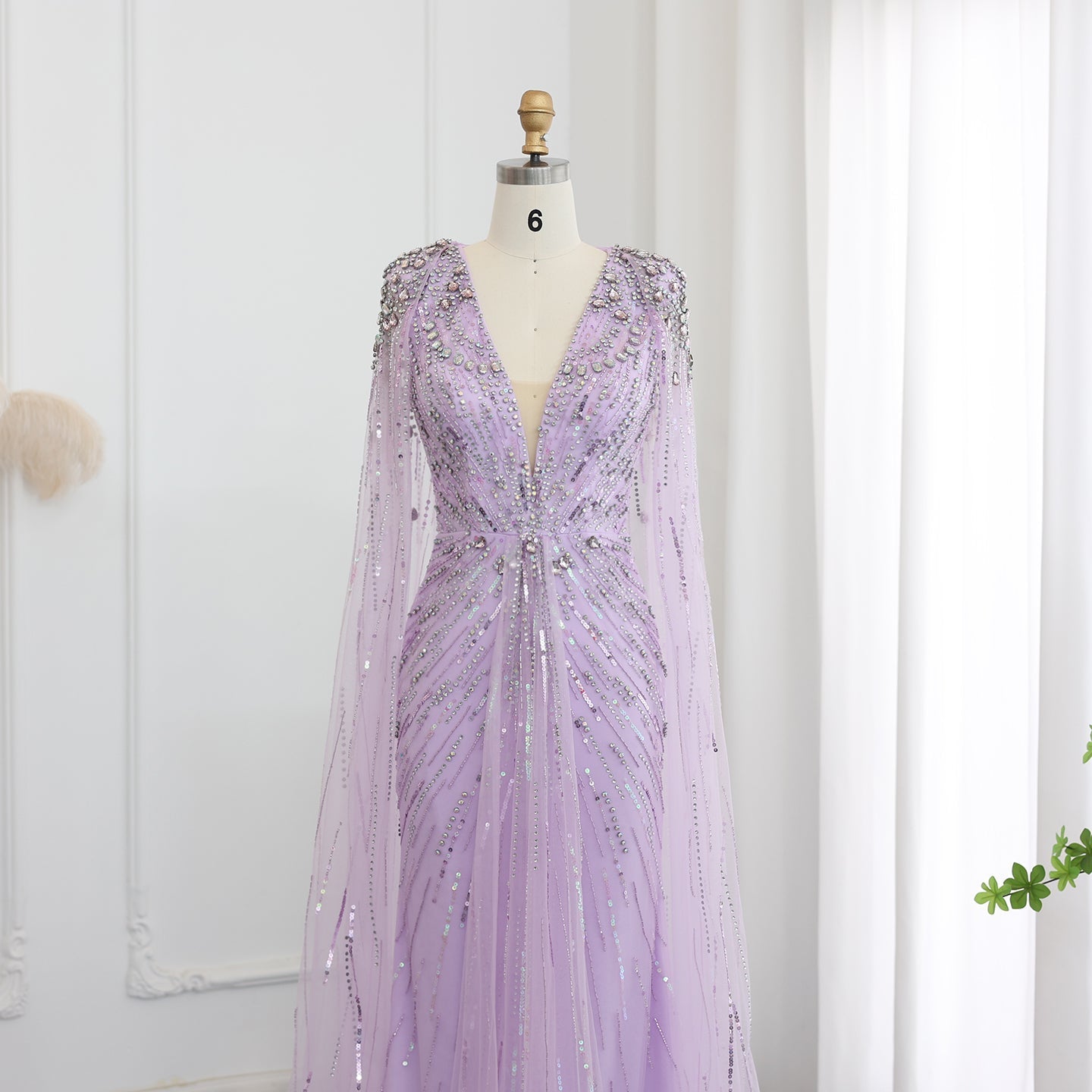 Luxury Crystal Sage Green V-Neck Evening Dresses with Cape SS399