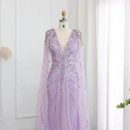 Luxury Dubai Green Evening Dresses with Cape Fuchsia Crystal Gold SS399