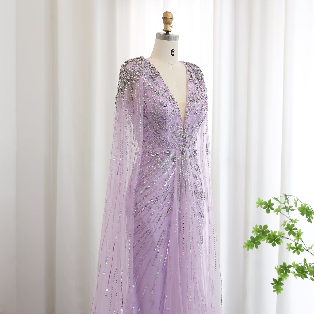 Luxury Crystal Sage Green V-Neck Evening Dresses with Cape SS399