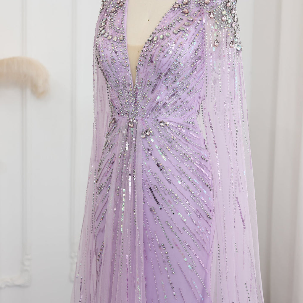 Luxury Crystal Sage Green V-Neck Evening Dresses with Cape SS399