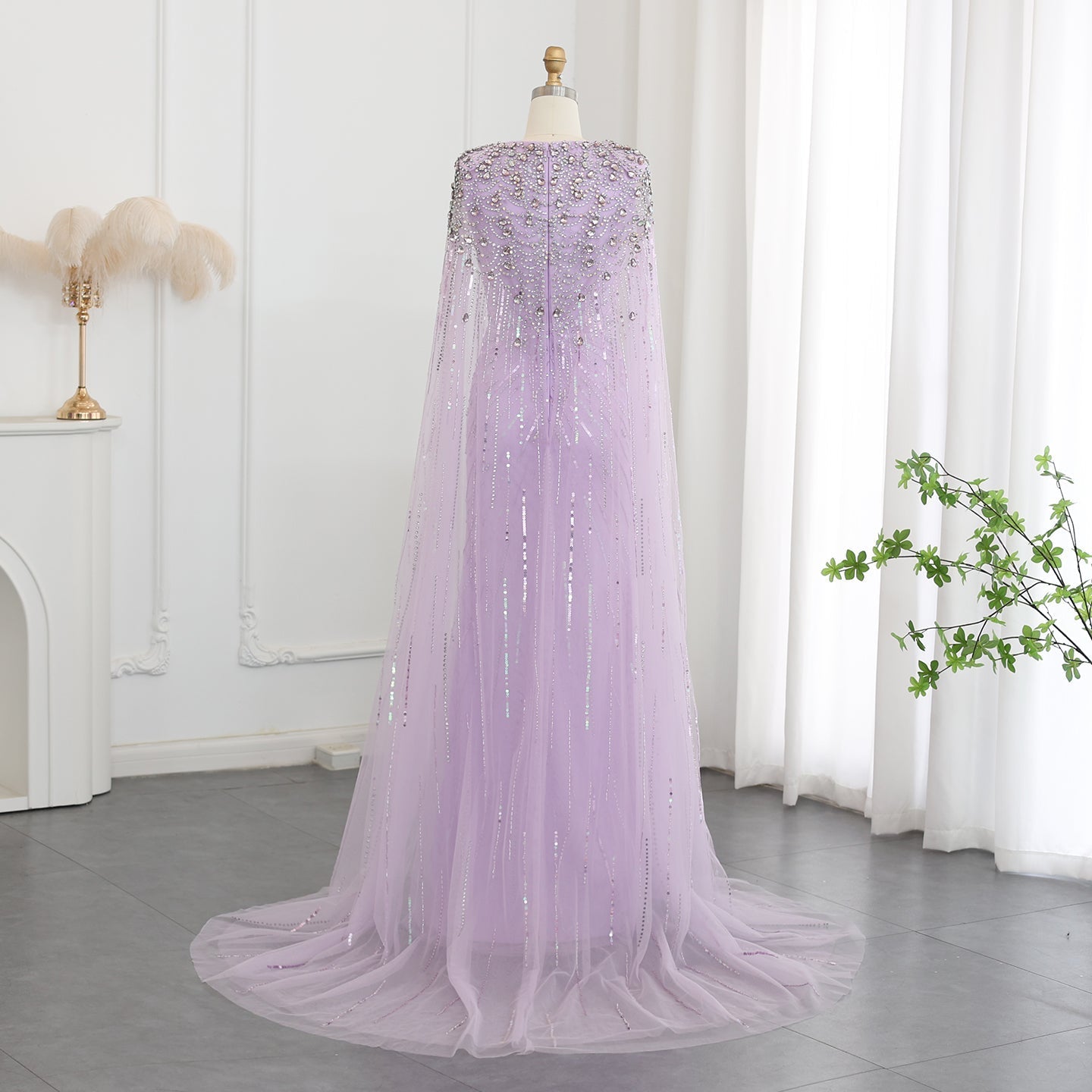 Luxury Crystal Sage Green V-Neck Evening Dresses with Cape SS399