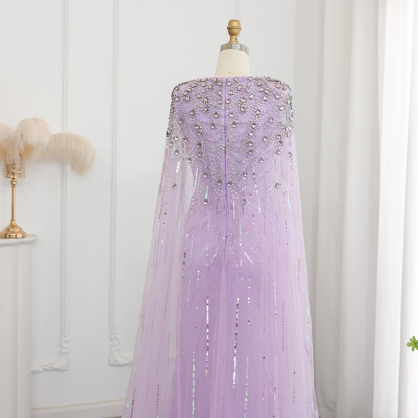 Luxury Crystal Sage Green V-Neck Evening Dresses with Cape SS399