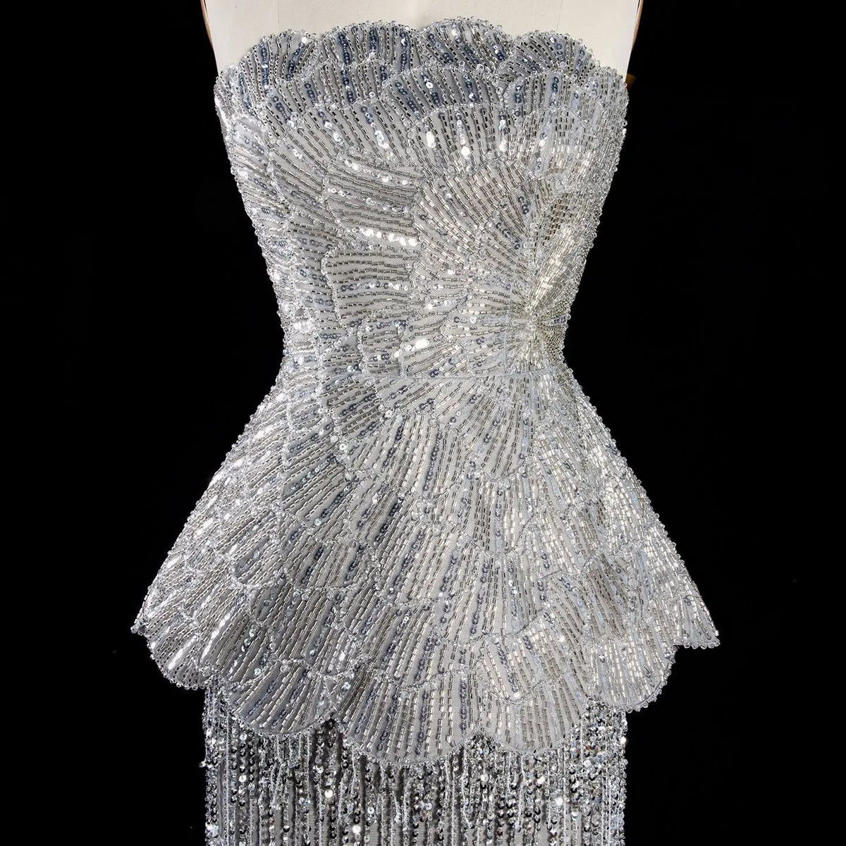 Gray Strapless Mermaid Luxury Beaded Sequins Tassels Skirt Evening Dress SS370