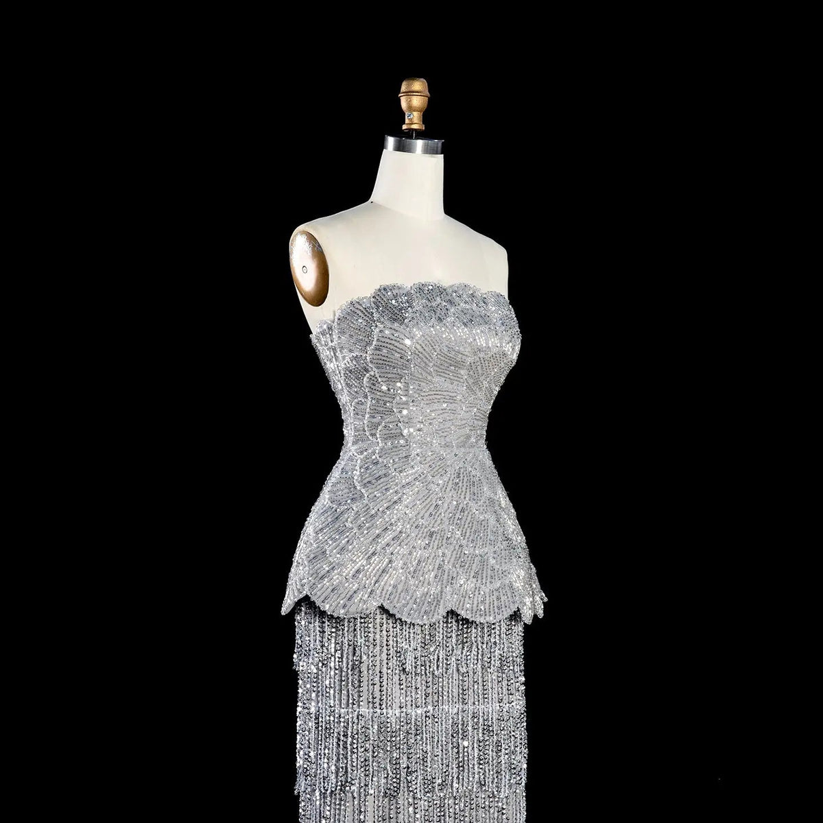 Gray Strapless Mermaid Luxury Beaded Sequins Tassels Skirt Evening Dress SS370