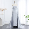 Luxury Pearls Silver Gray Long Sleeves Evening Dress with Overskirt SS484