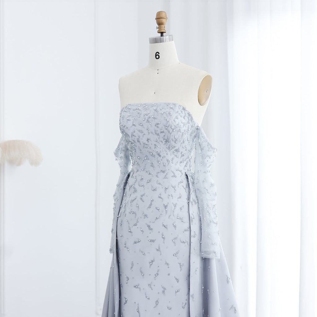 Luxury Pearls Silver Gray Long Sleeves Evening Dress with Overskirt SS484