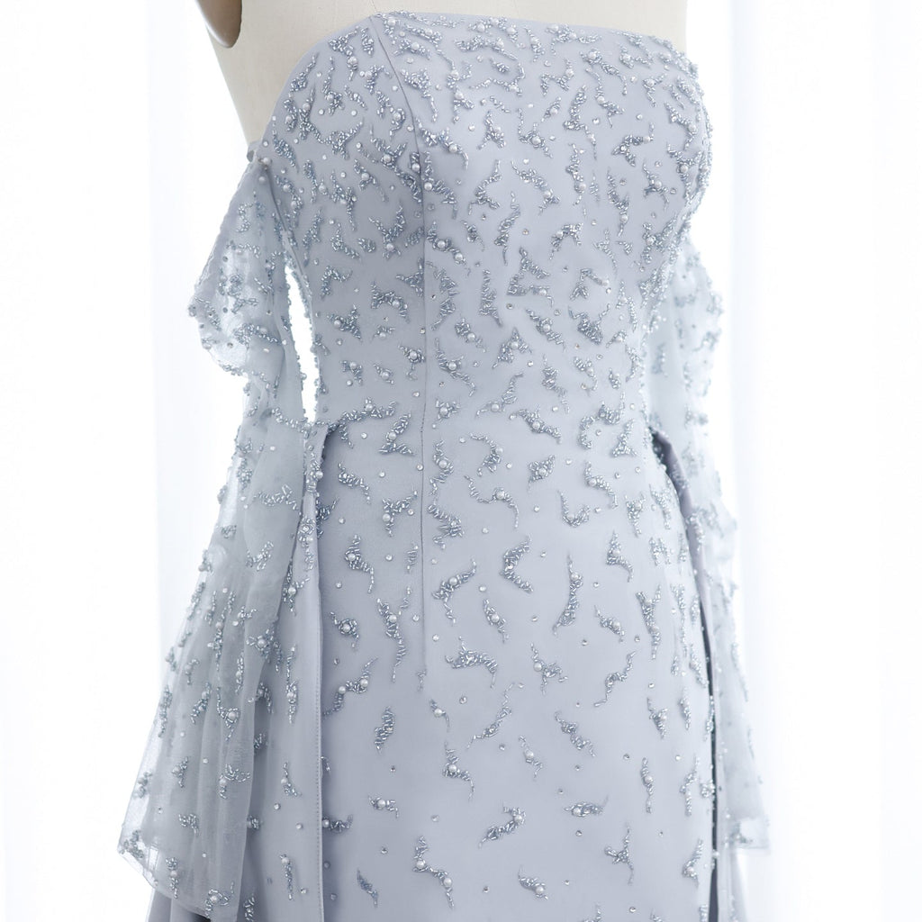 Luxury Pearls Silver Gray Long Sleeves Evening Dress with Overskirt SS484