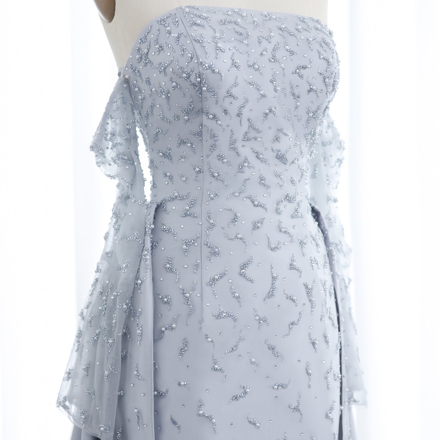 Luxury Pearls Silver Gray Long Sleeves Evening Dress with Overskirt SS484