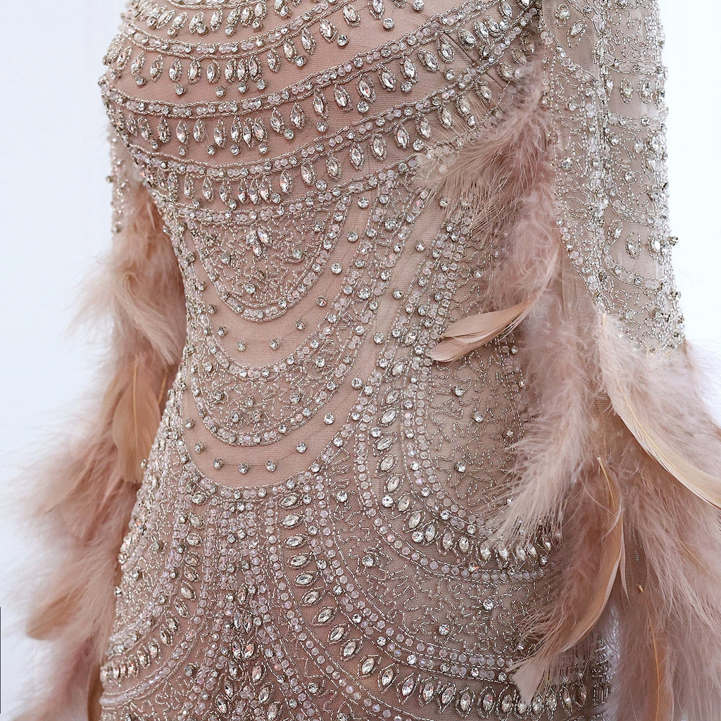 Luxury Feather Nude Mermaid Evening Dress SS076