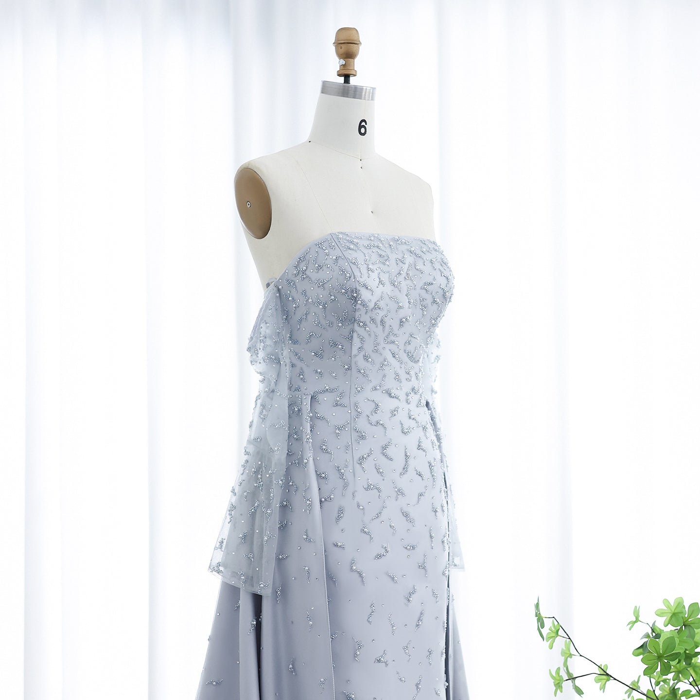 Luxury Pearls Silver Gray Long Sleeves Evening Dress with Overskirt SS484
