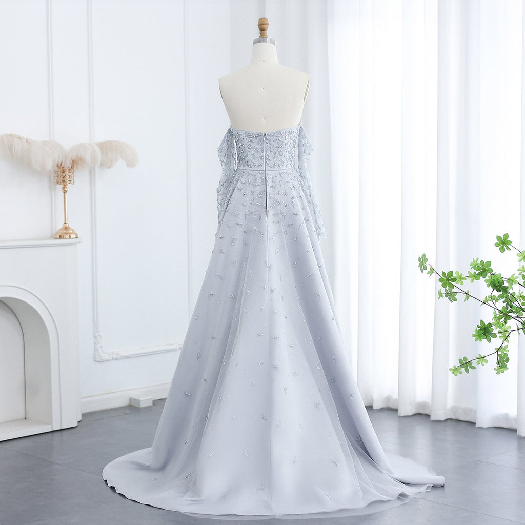 Luxury Pearls Silver Gray Long Sleeves Evening Dress with Overskirt SS484