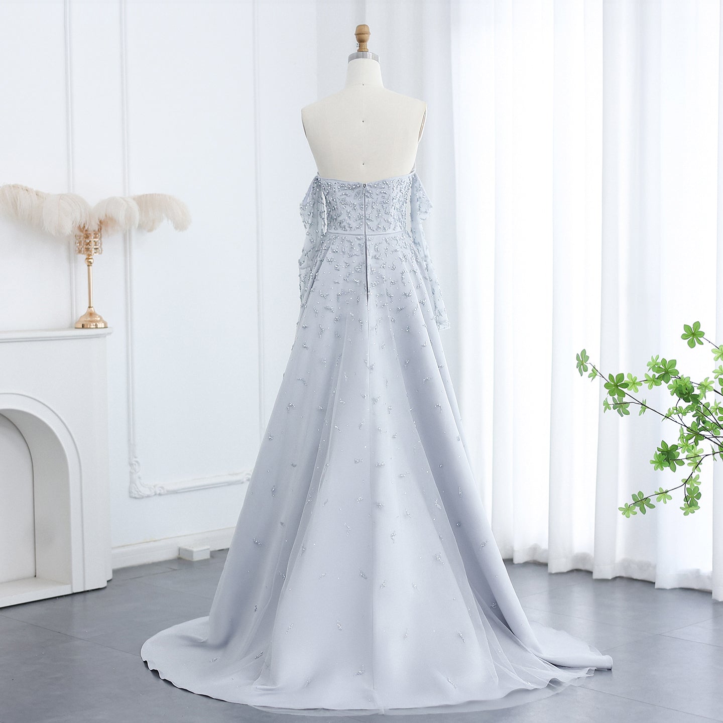 Luxury Pearls Silver Gray Long Sleeves Evening Dress with Overskirt SS484