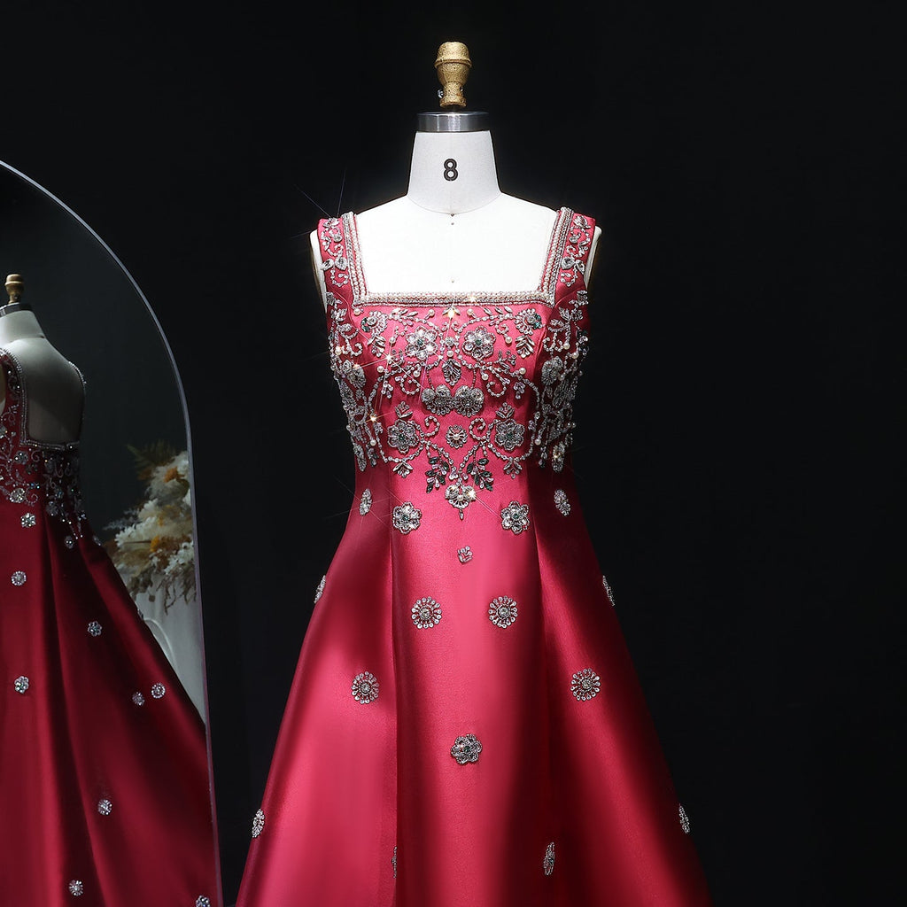 Luxury Dubai Beaded Burgundy Sauqre Neck Evening Dress