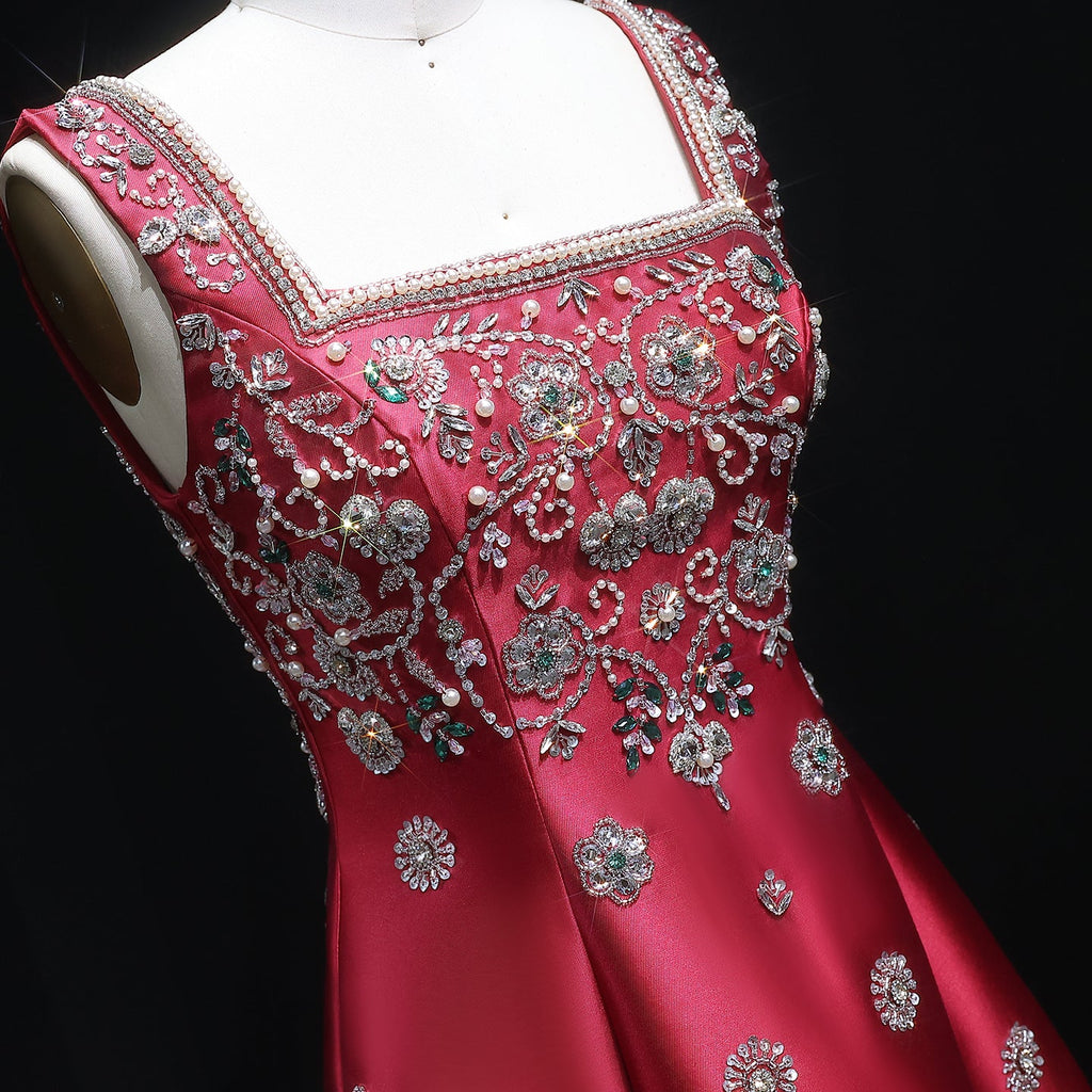 Luxury Dubai Beaded Burgundy Sauqre Neck Evening Dress